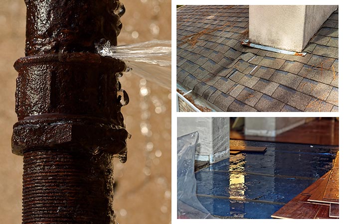 Water pipe break, roof leak and water damaged floor